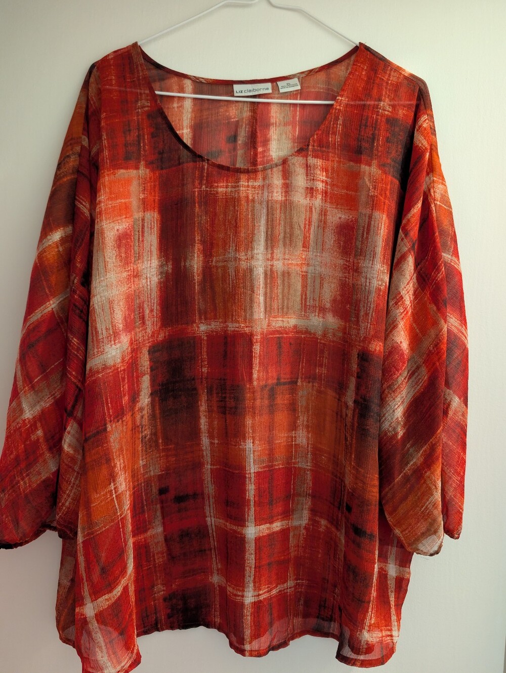 Liz Claiborne Red and Orange Plaid Sheer Top. 3/4 Sleeves. XL